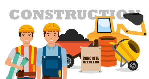 Budowy pracowników maszyn taczki Mieszalnik betonu baryłkę — Wektor stockowy