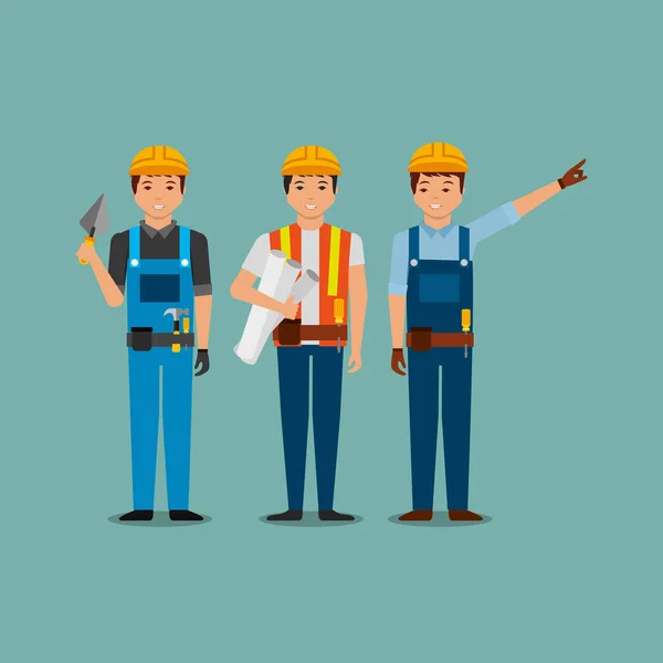 Trabajadores de la construcción sosteniendo espátula plano con uniformes — Vector de stock