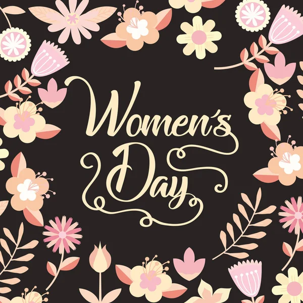 Rosa Blumen und Blätter Dekoration Womens Day Card dunklen Hintergrund — Stockvektor