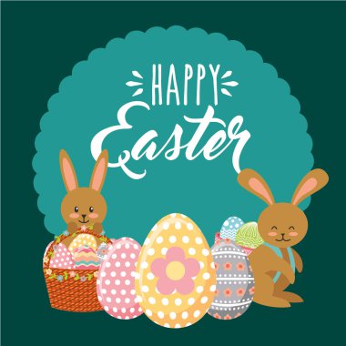 Mutlu Paskalya etiket süsleme güzellik bunnies ile dekoratif sepet yumurta