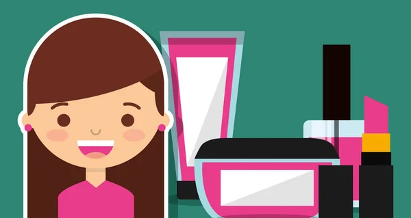 Linda chica con maquillaje conjunto cosmético — Vector de stock