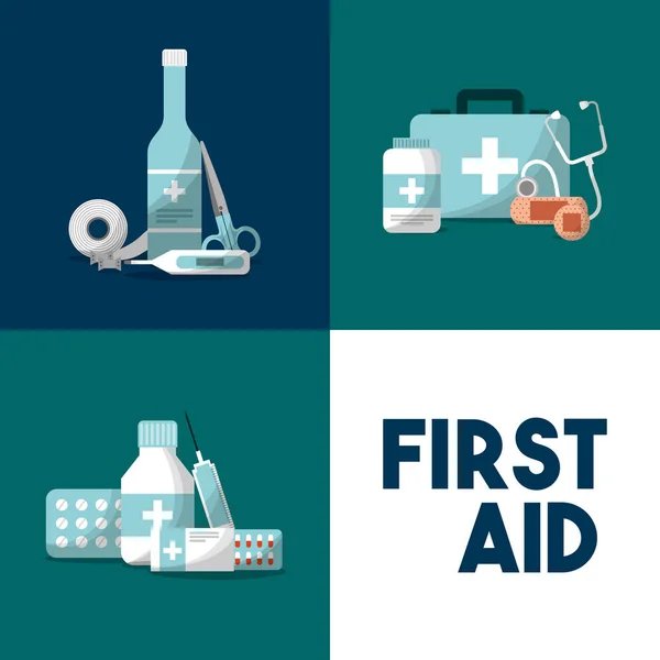 Equipo médico de primeros auxilios kit de emergencia — Vector de stock