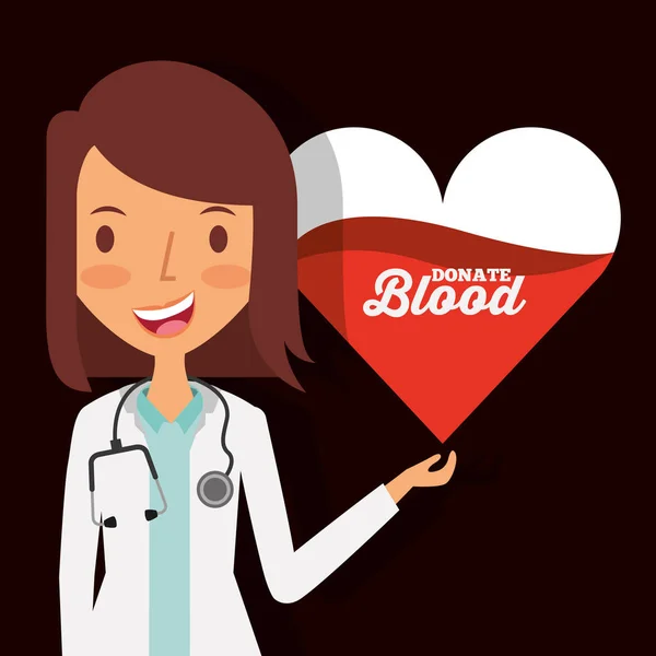 Doctor carácter femenino con sangre del corazón donar — Vector de stock