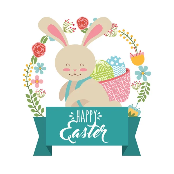 可爱的兔子携带篮子鸡蛋花圈花卉复活节快乐 — 图库矢量图片