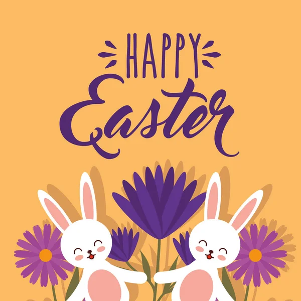 Conejos divertidos con flores decoración feliz tarjeta de Pascua — Vector de stock