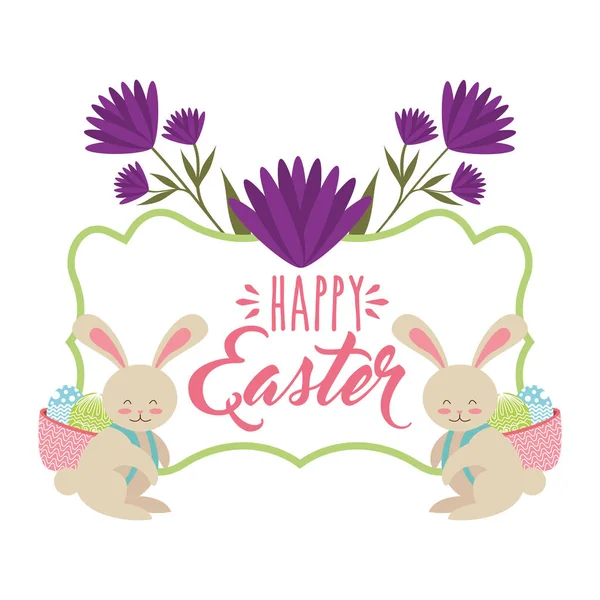 Lapins avec panier dans le dos avec oeufs carte de Pâques heureux — Image vectorielle