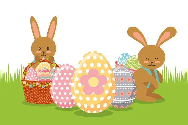 Çayır üzerinde sepetleri ve yumurta dekorasyonu ile kahverengi tavşan — Stok Vektör