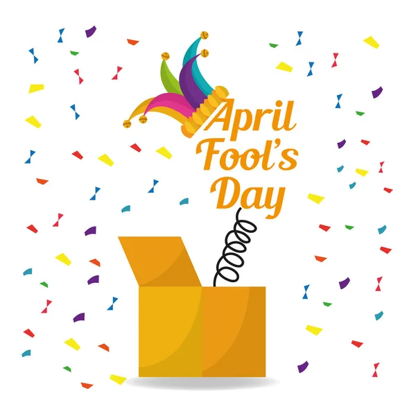 April dwazen dag verrassing doos met jester hoed confetti decoratie — Stockvector