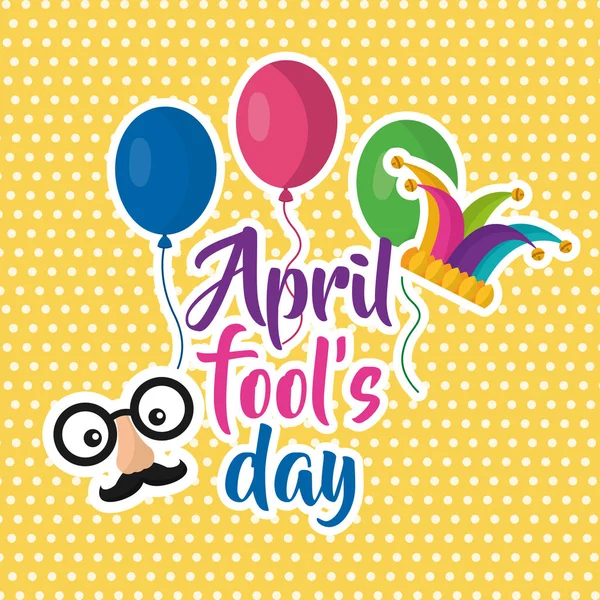 April fools day face mustache balloons jester hat poster — Stock Vector