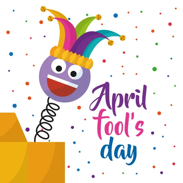 Aprilscherz Grußkarte Emoji lächelnd mit Hut und Konfetti — Stockvektor