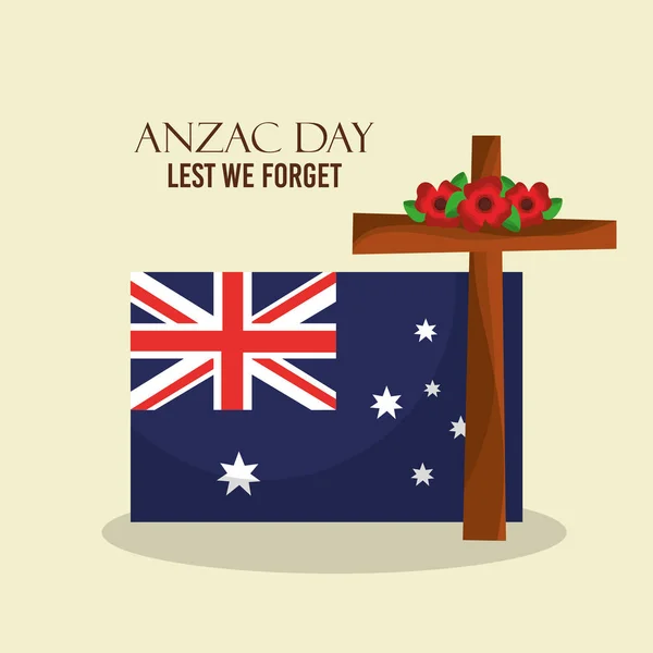 Anzac day lest we forget poster australian flag and cross floral decoration — Stock Vector