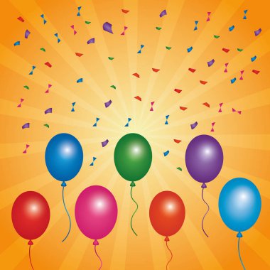 konfeti ve sarı arka plan uçan parlak çok renkli balonlar