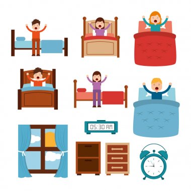Yatak streç saat alarm başucu tabloları penceresinde farklı insanlar uyanın