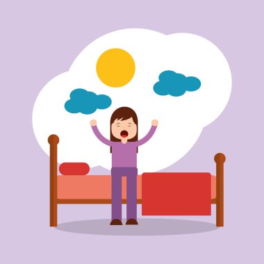 Kız Yatak güneş gününde oturan germe uyanma