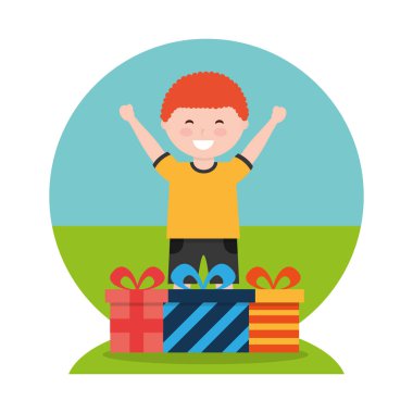 Komik karikatür çocuk büyük hediye kutusu onun elinde. Vektör kesme sanat.