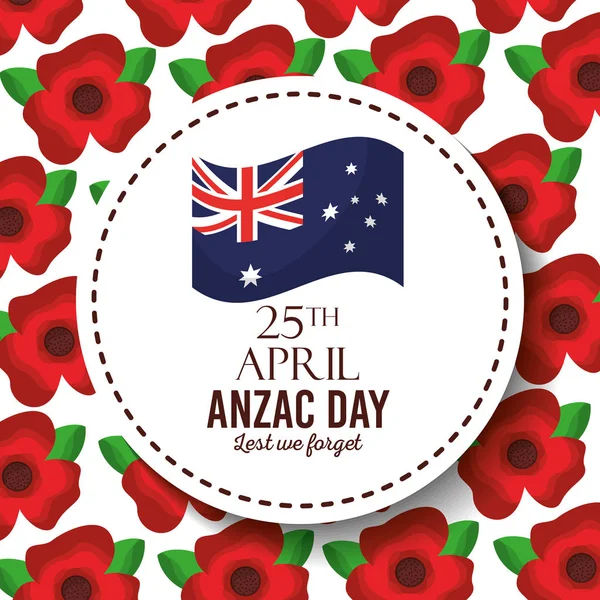 Anzac day lest we forget badge australian flag red flower background — Stock Vector