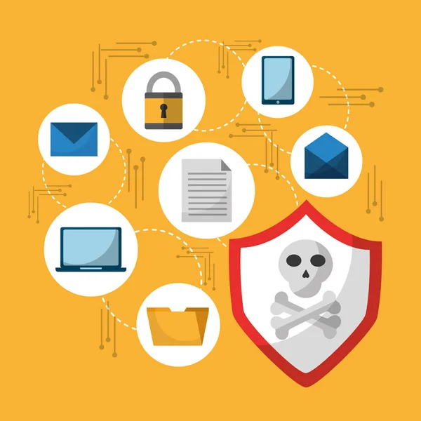 Conjunto de ícones de ataque de proteção digital do vírus da cibercriminalidade espectral e de fusão —  Vetores de Stock