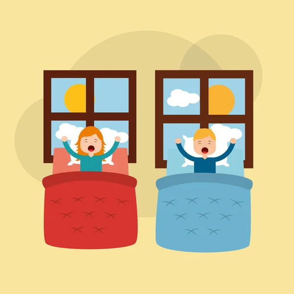 Menino e menina em sua cama esticando janela manhã — Vetor de Stock