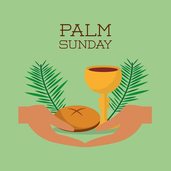 Palm sunday hands bread dan cup green background - Stok Vektor