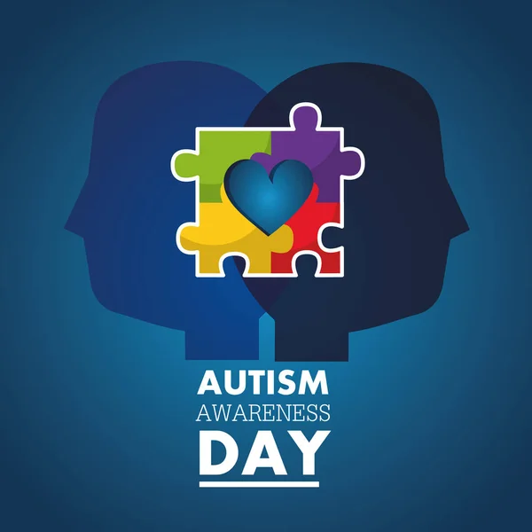 Autism awareness day profile heads with puzzle color — Stock Vector