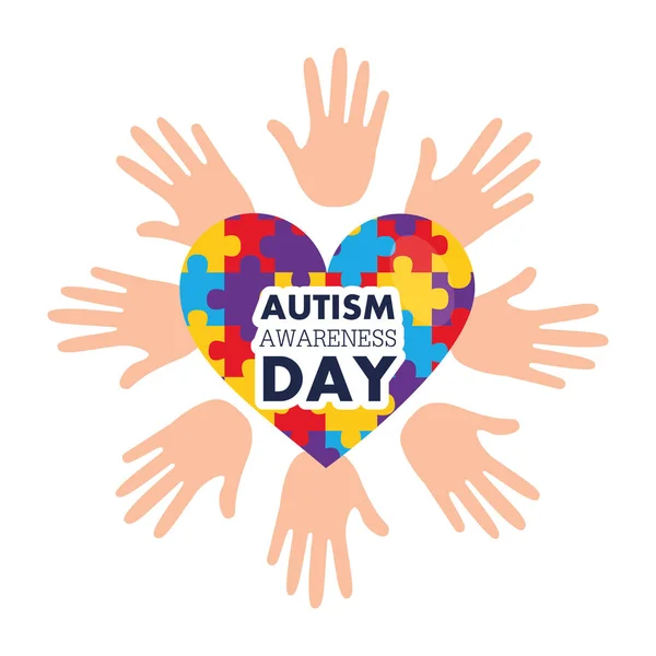 Autism awareness day open hands and heart with puzzles — Stock Vector