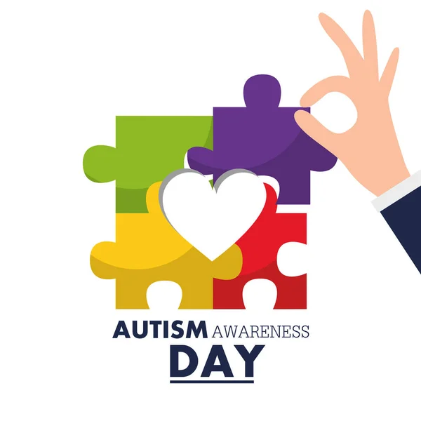 Autism awareness day hand holding puzzle piece — Stock Vector