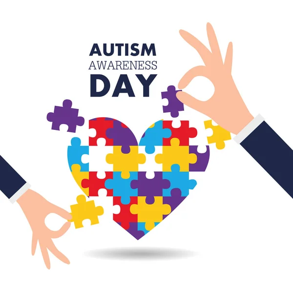 Autism awareness day support hands puzzles pieces heart — Stock Vector