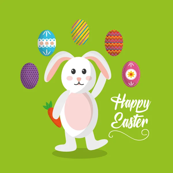Mutlu Paskalya bunny sallanan el ve yumurta dekore edilmiş renkli — Stok Vektör