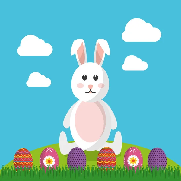 Lindo conejo sentado con diferentes huevos de Pascua — Vector de stock