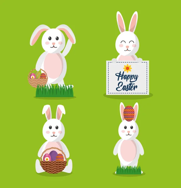 Heureux ensemble de Pâques lapin avec panier à cartes oeuf — Image vectorielle