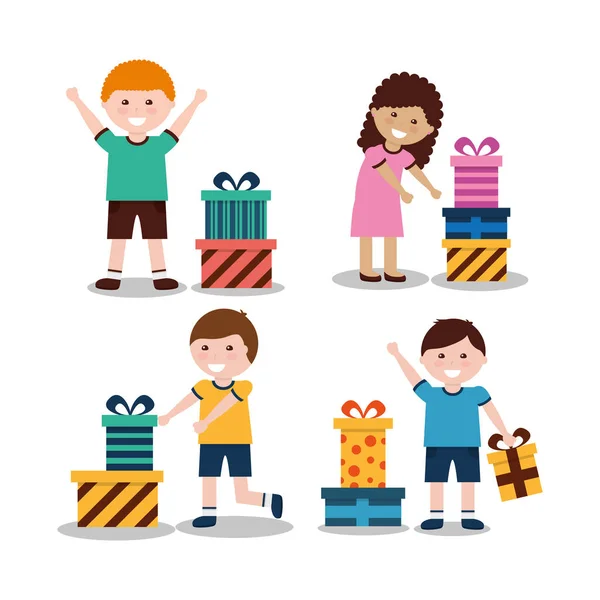 Ομάδα παιδιών με όμορφα τυλιγμένο δώρο κουτιά — Διανυσματικό Αρχείο