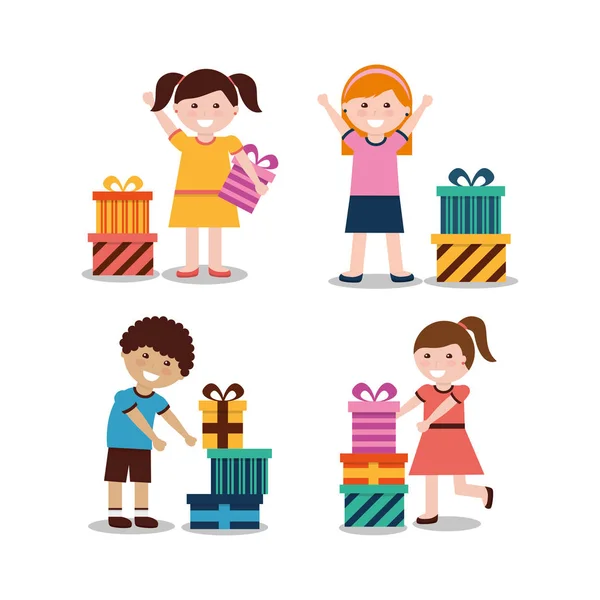 Ομάδα παιδιών με όμορφα τυλιγμένο δώρο κουτιά — Διανυσματικό Αρχείο