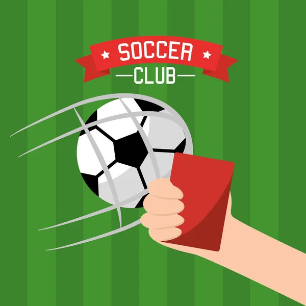 Fotbalový klub ruka drží červenou kartu a míč cíl — Stockový vektor