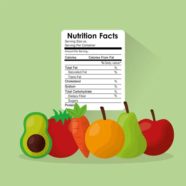 Frutas y verduras alimentos saludables información nutricional etiqueta beneficios — Vector de stock