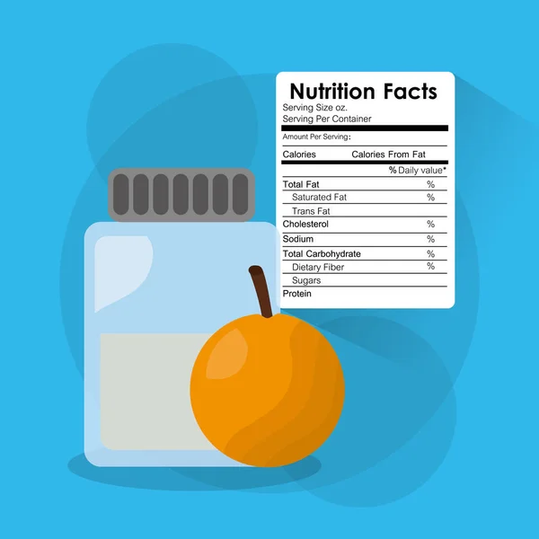Garrafa de vidro laranja nutrição fatos adesivo informações — Vetor de Stock