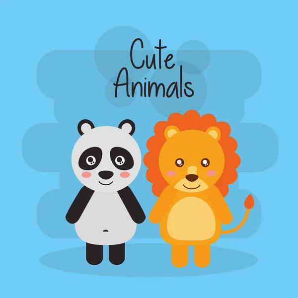 Två söta djur lejon och panda bear vänlig — Stock vektor