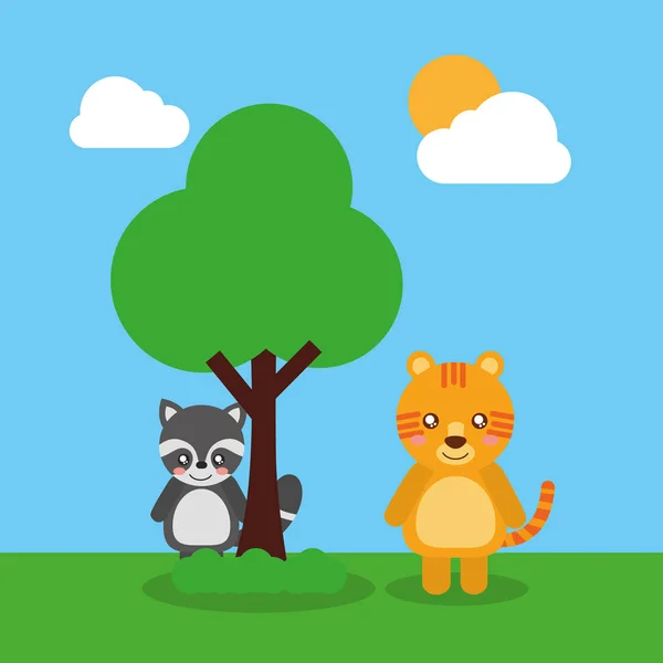 Deux animaux mignons raton laveur et tigre amical — Image vectorielle
