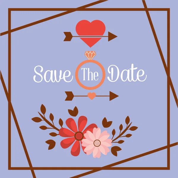Αποθηκεύστε την κάρτα ρομαντική ημερομηνία λουλούδι δαχτυλίδι βέλος — Διανυσματικό Αρχείο