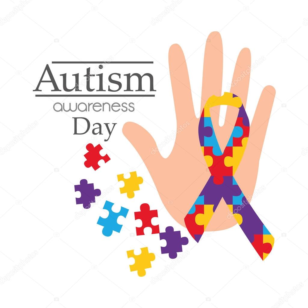 autism awareness day card with hand puzzle shape ribbon