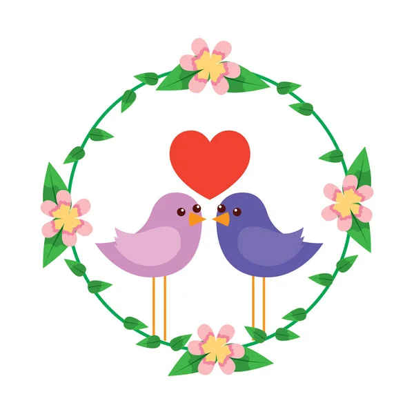 Two happy cute bird in love with the heart in floral wreath — Stock Vector