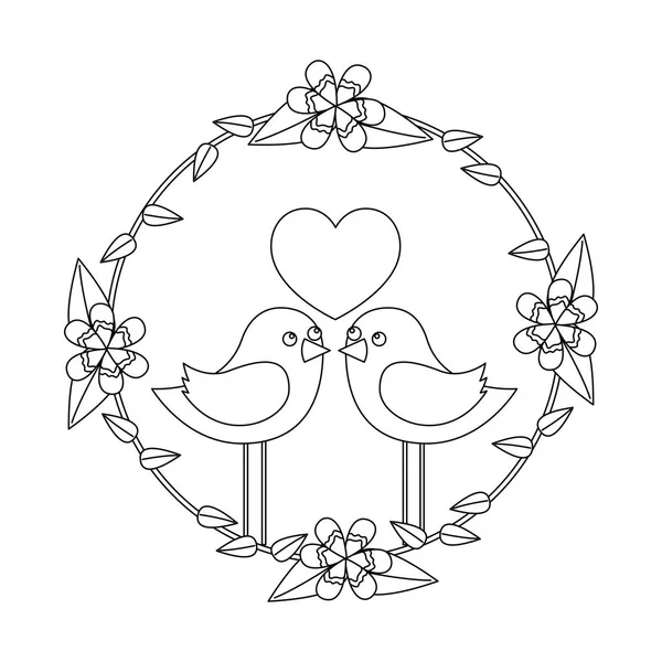 Dos feliz pájaro lindo en el amor con el corazón en la corona floral — Vector de stock