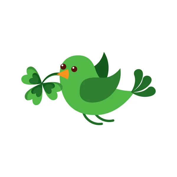 Green bird flying with clover in beak — Stock Vector