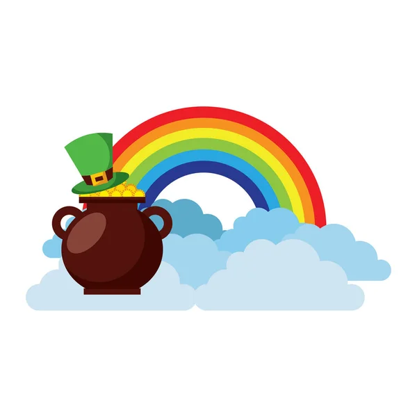 Cappello di leprecauno con pot coins tesoro arcobaleno nuvola fantasia — Vettoriale Stock