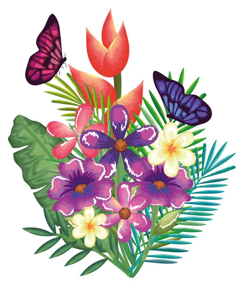 Flores tropicais e exóticas com borboletas —  Vetores de Stock
