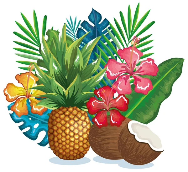 Jardin tropical avec ananas et noix de coco — Image vectorielle