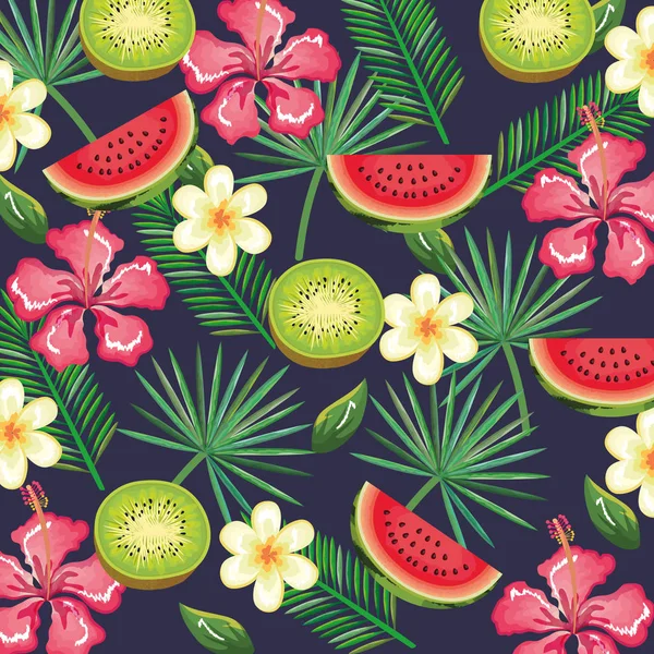 Jardin tropical avec pastèque et kiwi — Image vectorielle