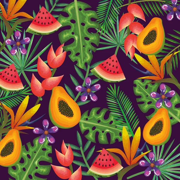 Jardin tropical avec papaye et pastèque — Image vectorielle