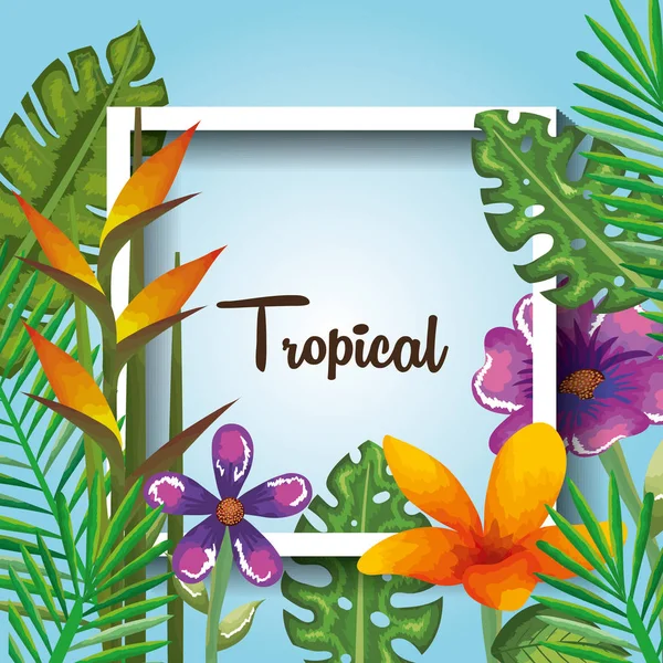 Tropical e exótica flores e folhas sobre fundo de praia — Vetor de Stock
