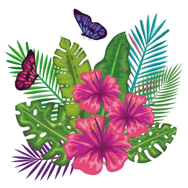 Flores tropicales y exóticas con mariposas — Vector de stock
