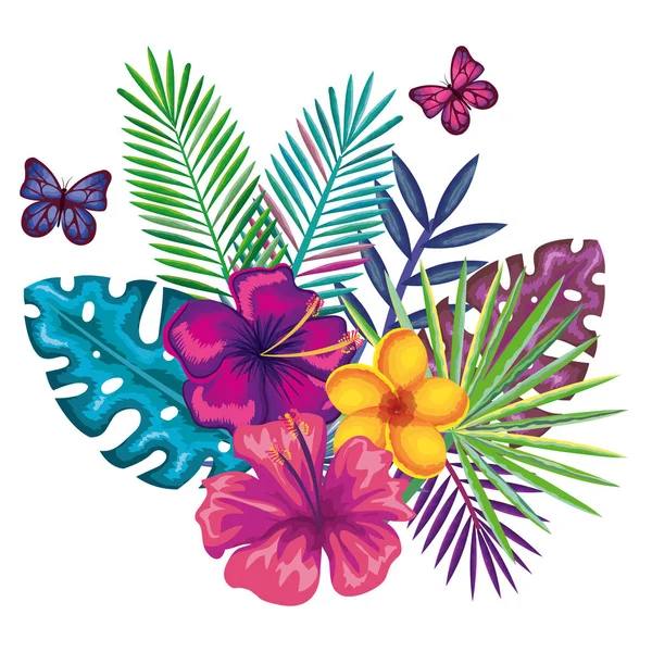 Flores tropicales y exóticas con mariposas — Vector de stock